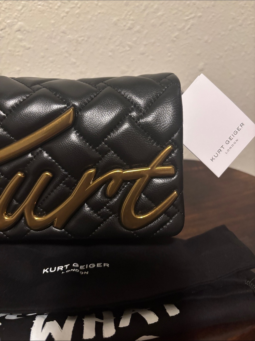 Kurt Geiger Black Quilted Leather Shoulder Bag with Gold Script Logo - Picture 2 of 8